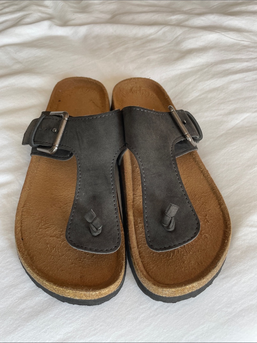 Gray Suede Buckle Thong Sandals-Soft!